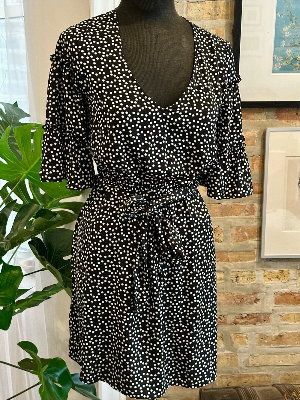 Express Black and White Polka Dot V-Neck Dress with Tie Waist